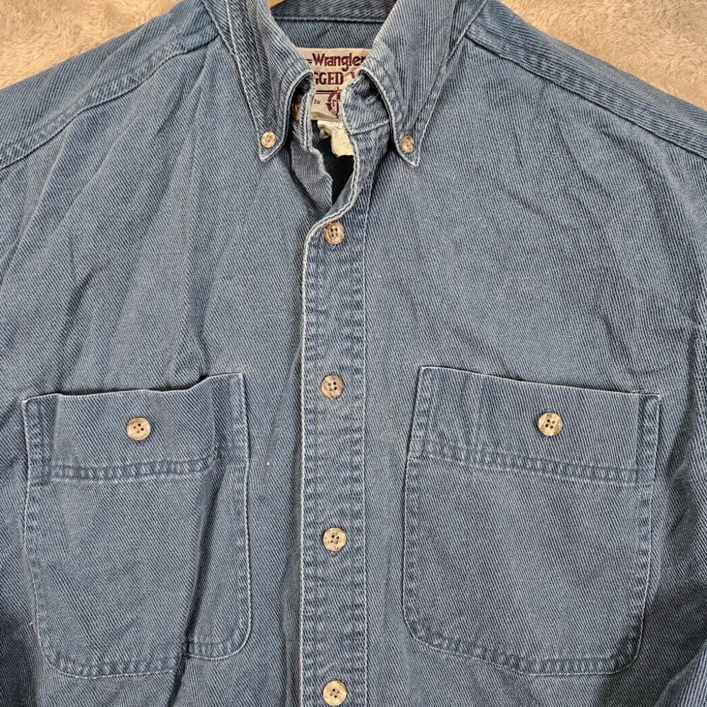 Wrangler Rugged Wear Denim Shirt Men's Size M Blue 100% Cotton Long Sleeve - Picture 6 of 10